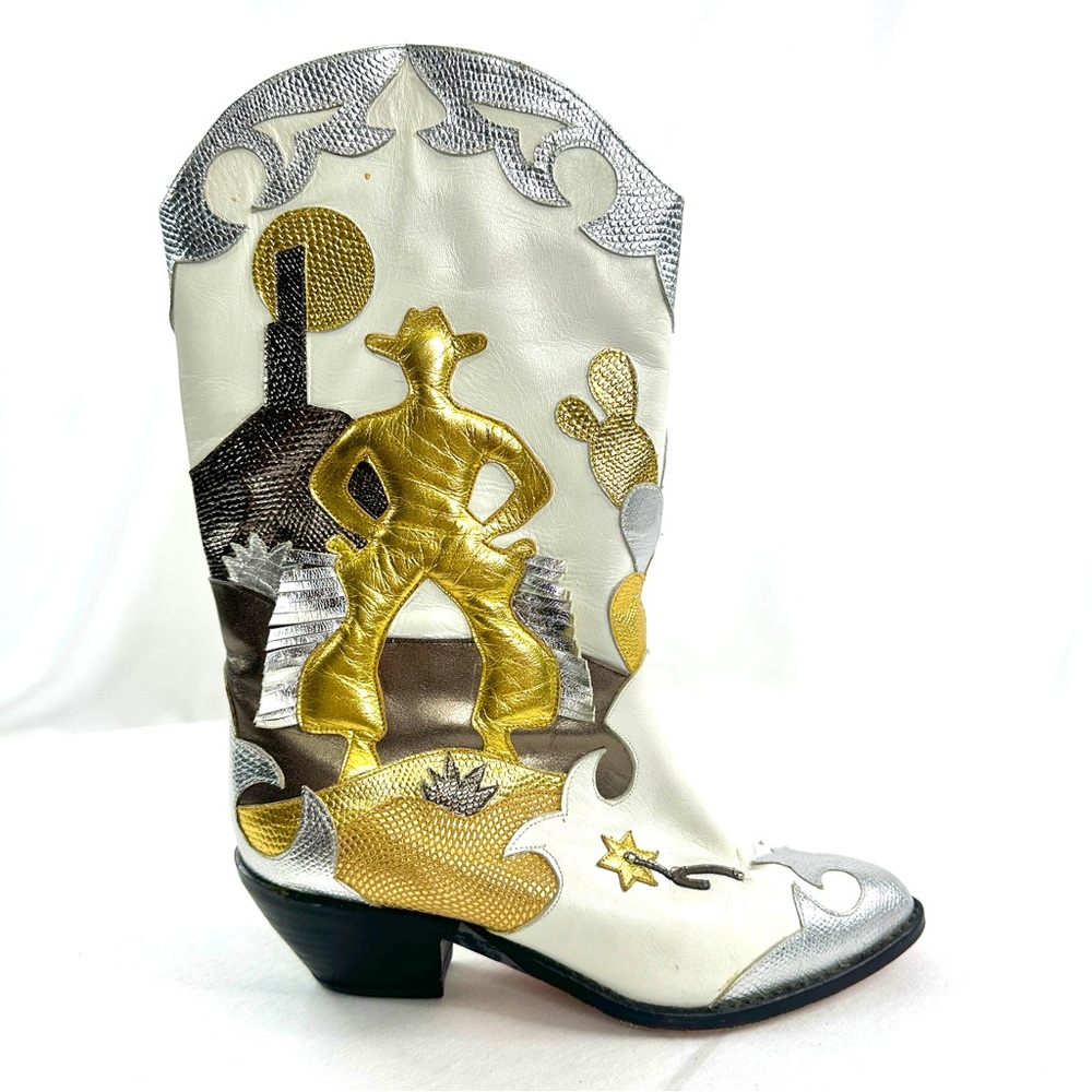 ZALO Vintage Women Size 6 White Silver Gold Leather Cowboy Overlay Applique